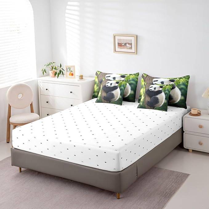 Feelyou Cute Panda Comforter Set 7 Pieces Queen Size Kawaii Bear Bedding Set for Boys Girls Nature Bed in a Bag with Comforter, Sheets, Pillowcases & Cushion Covers