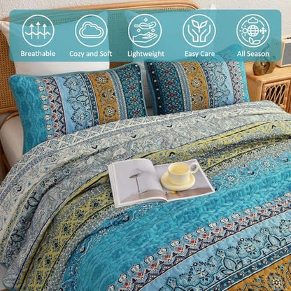 WONGS BEDDING Bohemian Queen Size,3 Pieces Soft Blue Bedspread Set