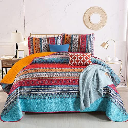 WONGS BEDDING Boho Quilt California King, Orange Blue Stripe Bedding Set
