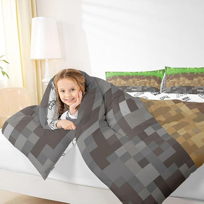 Miners Pixel Checked Comforter Set King Size,Video Games Check Lattice Kids Bedding Set,Game Cartoon Gamepad Quilt Comforter,Gray Green Brown Duvet Insert,2 Pillowcases