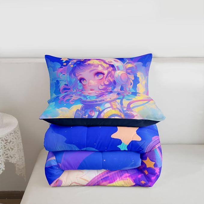 Erosebridal Watercolor Anime Girl Bedding, 3D Anime Comforter Set Cosmo Galaxy Sci-Fi Virtual Reality Queen Bed Comforter Set for Boys Girls Graffti Stars Print Duvet Insert