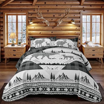 3 Piece Cabin Full/Queen Quilt Sets Farmhouse Rustic Reversible Microfiber Soft Lightweight Bedspread Comforter with 2 Shams Patchwork Country Lodge Bedding Quilts Set for All Season, 90''x96'', Grey
