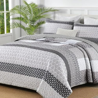 WONGS BEDDING Grey Full Size Quilt Set, Bohemian Striped Bedspreads
