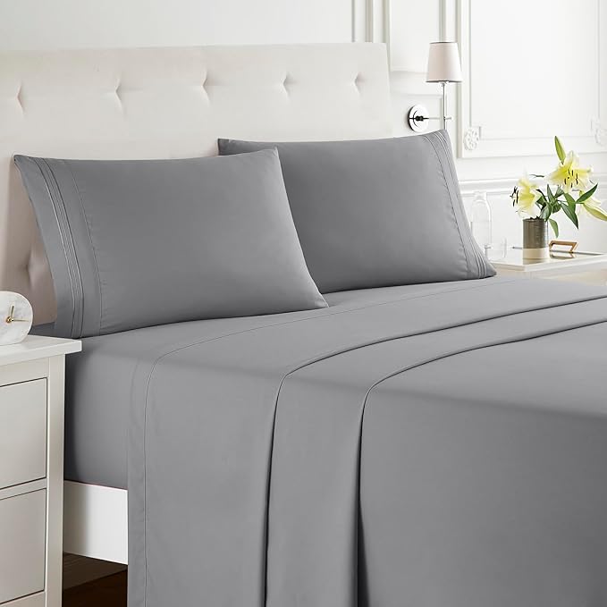 Clara Clark Bed Sheets, Premier 1800 Series Bed Sheet Set, Deep Pocket, Wrinkle, Fade, Stain Resistant, Luxury Soft Bedding Sheets & Pillowcases, California King, Frost Grey
