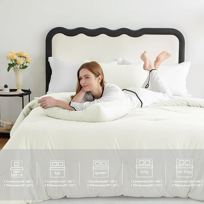 CozyLux King Size Comforter Set Ivory, 3 Pieces Solid Comforters King Size Breathable Quilted Bedding Sets, Luxury Soft Lightweight Bed Set with Down Alternative Comforter and 2 Pillowcases All Season