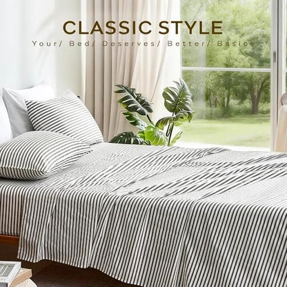 JELLYMONI 100% Cotton Twin Sheet Set, Gray Striped