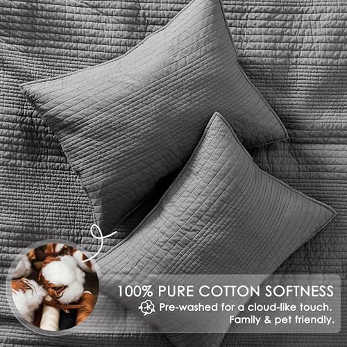 palassio Striped Dark Grey 100% Cotton Quilt Queen Size Bedding Sets, Lightweight Crinkly Channel Pick Stitch Textured Bedspread Soft Shabby Chic Farmhouse Country Coverlet for All Season, 2 Shams