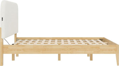 KISLOT Wood Bed Frame with USB & Type-C, Boucle Headboard, Cream, Queen | Platform Bed, Mattress Foundation, No Box Spring Needed, Easy Assembly