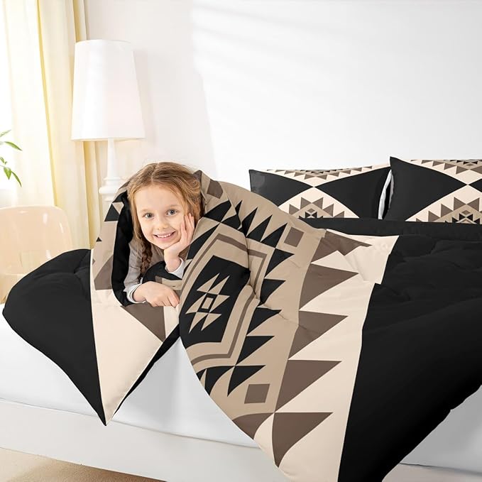Erosebridal Black Beige Abstract Bedding Set Full Size Modern Boho Western Aztec Comforter Set for Adult Women Men Geometric Stripes Bed Sets Minimalist Stylish Art Southwestern Quilt Sets