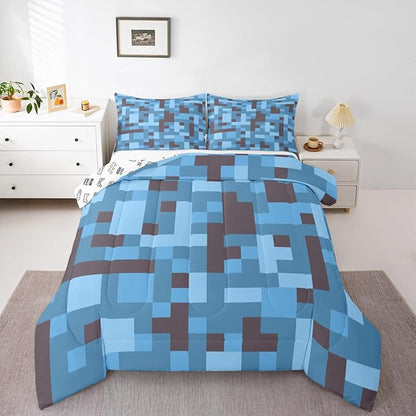 Pixel Grid Miners Kids Comforter Set Full Size,Reversible Gamepad Video Games Bedding Set,Boys Room Decor,Army Camo Geometric Quilt Comforter,Black Light Blue Duvet Set Bedroom Quilt Set,2 Pillowcases