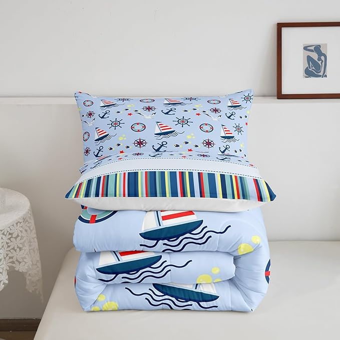 Castle Fairy Nautical Anchor Bedding Set for Boys Girls,Ocean Fish Seagull Blue All Season Cozy Comforter Set Full Size,Outdoor Adventure Red Blue Stripes Duvet Set Bedroom Décor,Gift for Kids