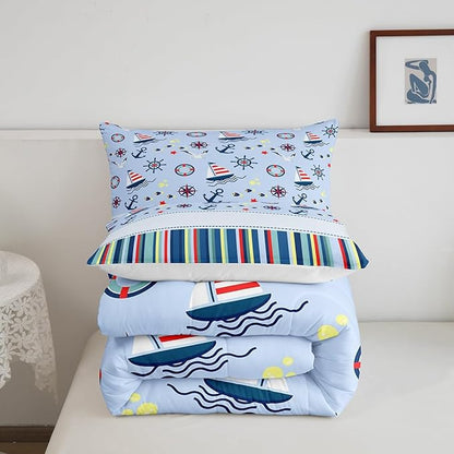 Castle Fairy Nautical Anchor Bedding Set for Boys Girls,Ocean Fish Seagull Blue All Season Cozy Comforter Set Full Size,Outdoor Adventure Red Blue Stripes Duvet Set Bedroom Décor,Gift for Kids