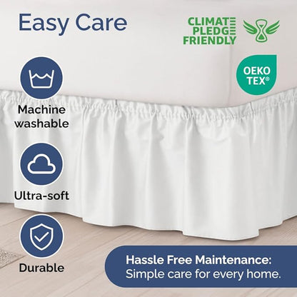 Wrap Around Dust Ruffle Bed Skirt - White - for Queen Size Beds with 24 Inch Drop - Easy Fit Elastic Strap - Adjustable Pleated Bedskirt w/Brushed Fabric - Wrinkle Free - for Women, Men, Kids & Teens