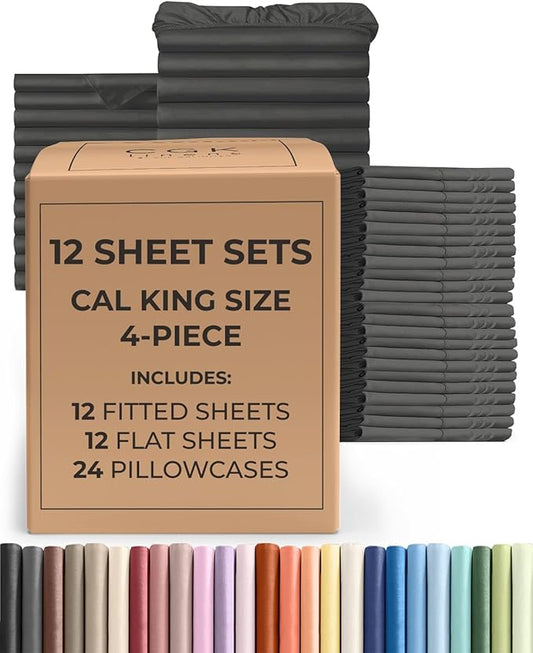 Bulk Case Pack of 12 Sheet Sets - (12) Complete Cal King Size Sheet Sets w/ Deep Pockets - Wholesale Bulk Bedding for Hotels, Spas & Airbnbs - Breathable, Soft & Wrinkle Free - (Cal King, Charcoal)