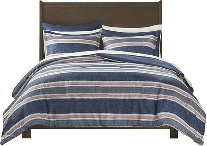 Comfort Spaces Bed in A Bag Comforter Set - College Dorm Room Essentials for Boys Men Bedding, Complete Dormitory Bedroom Pack And Sheet with 2 Side Pockets, King, Stripes Navy/Red