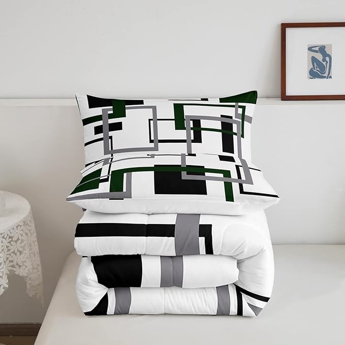 Erosebridal Black and White Green Comforter Set Twin Size,Squares Bedding Set for Kids Boys Girls,Modern Geometric Quilt Set,Mid Century Novelty Duvet Insert with 1 Pillowcase Warm