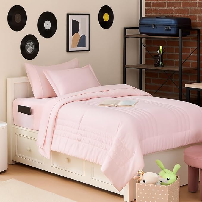 Dorm Room Essentials Twin XL Comforter Set – College-Ready Bundle with Comforter, Mattress Protector & Sheets with Pockets on the Side & Built-in Corner Strap – Media Pocket for Devices