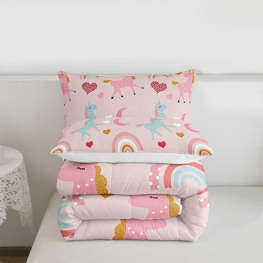 Feelyou Girls Unicorn Comforter Set Toddler Size Kids Cute Pink Rainbow Horse Decor Comforter for Unicorn Lover Daughter Bedding Set Boho Star Moon Duvet Set (1 Comforter + 1 Pillowcases, Toddler)