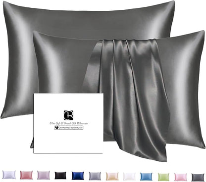 Ravmix Silk Pillow Cases 2 Pack with Zipper, Both Sides 21Momme Mulberry Silk Pillowcase Set of 2 Standard Size 20×26inches for Sleeping Women Men, for Beauty Sleep Hair Skin, Space Grey
