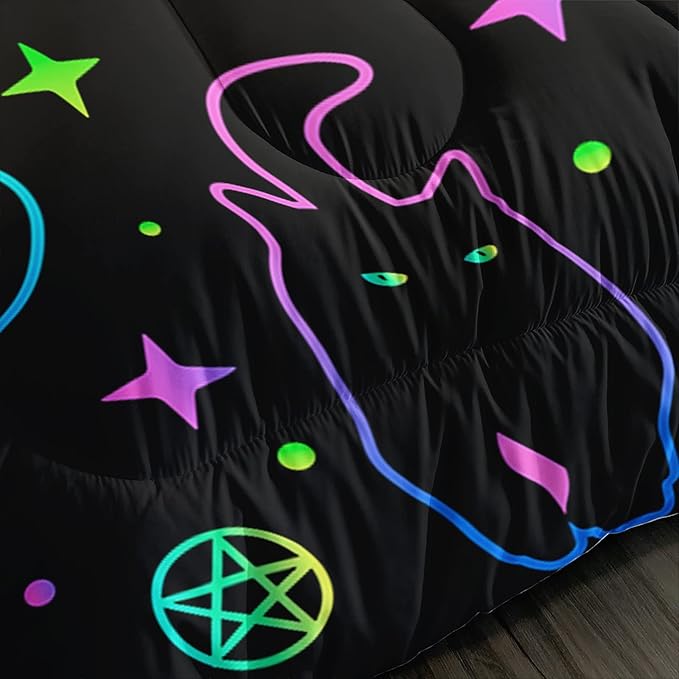 Black Cat Bedding Cartoon Cat Comforter Set Twin,Moon Stars Printed Kids Bedding Set for Boys Girls Adults Room Decor,Kids Comforter Set All Season,1 Quilt 2 Pillow Cases,Neon Color Blue Green