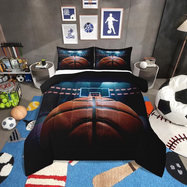 Erosebridal 3D Basketball Full Size Comforter Sets for Kids Boys Girls,Sports Theme Bedding Set,Basketball Game Duvet Insert,Athletic Sports Bed Set for All Season