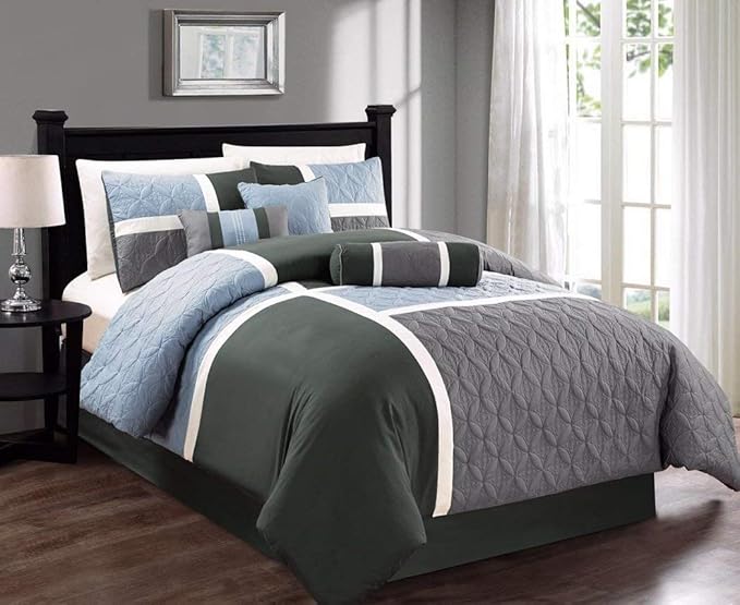 Chezmoi Collection Upland 7-Piece Quilted Patchwork Comforter Set, Gray/Light Blue/Charcoal, King