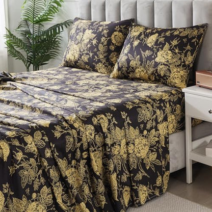 FADFAY Rose Sheets Set Queen Vintage Black Gold Floral Bedding Shabby Peony Botanical Sheets Luxury Farmhouse Bedding 800 Thread Count 100% Egyptian Cotton Deep Pocket Fitted Sheet 4Pcs, Queen Size