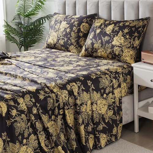 FADFAY Rose Sheets Set King Vintage Black Gold Floral Bedding Shabby Peony Botanical Sheets Luxury Farmhouse Bedding 800 Thread Count 100% Egyptian Cotton Deep Pocket Fitted Sheet 4Pcs, King Size