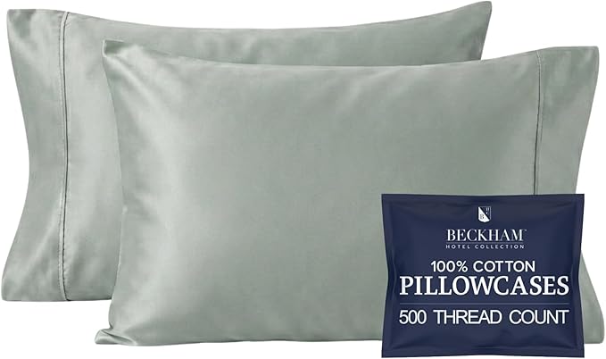 Beckham Hotel Collection Pillowcases Queen Size Set of 2, Cool Touch Cotton Sateen Fabric, 500TC, Silky Smooth & Soft, Open End, Aqua Gray