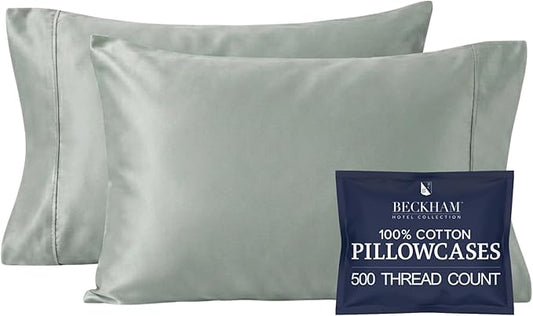Beckham Hotel Collection Pillowcases King Size Set of 2, Cool Touch Cotton Sateen Fabric, 500TC, Silky Smooth & Soft, Open End, Aqua Gray