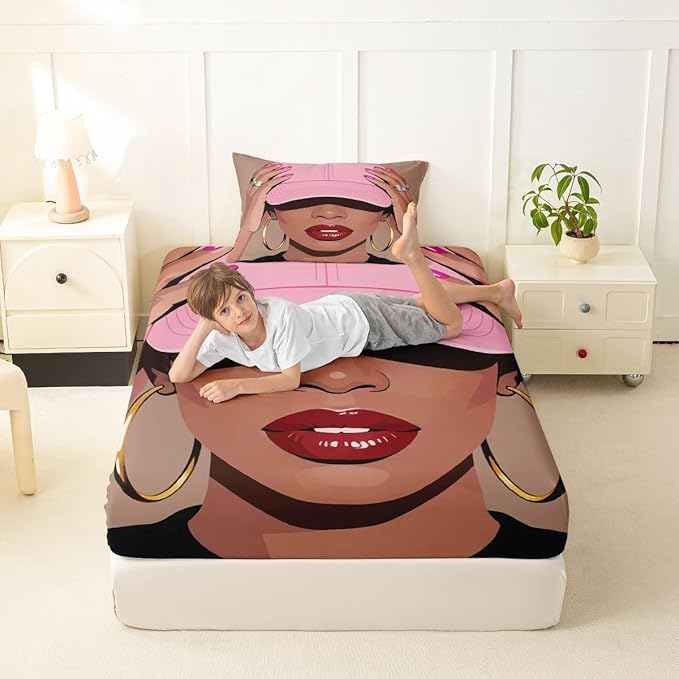 Erosebridal Black Girls Twin Size Bed Sheets Fashion Black Woman Fitted Sheet for Girls Kids Vogue Fashionable Gorgeous Bedding Set for Teens Children Women African Princess Magical Sheets
