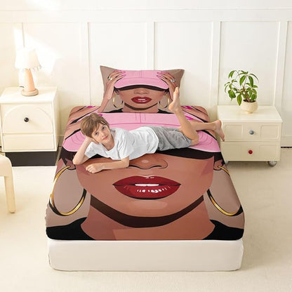 Erosebridal Black Girls Twin Size Bed Sheets Fashion Black Woman Fitted Sheet for Girls Kids Vogue Fashionable Gorgeous Bedding Set for Teens Children Women African Princess Magical Sheets