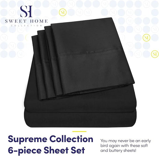 Queen Sheets Black - 6 Piece 1500 Supreme Deluxe Collection Deep Pocket Ultra Soft Queen Sheet Set Bedding - 2 Extra Pillow Cases, Great Value, Queen, Black