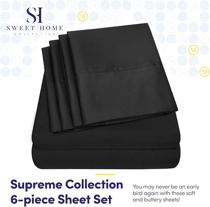 Cal King Size Bed Sheets - 6 Piece 1500 Supreme Collection Fine Brushed Microfiber Deep Pocket California King Sheet Set Bedding - 2 Extra Pillow Cases, Great Value, California King, Black