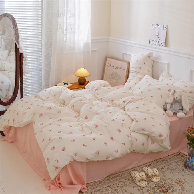 Floral Comforter Set Twin Size - 2 Pieces Pink White Floral Comforter Bedding Sets Tulips Pattern,Twin Bed in a Bag with Heart Comforter and 1 Pillowcase