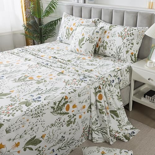 FADFAY 100% Egyptian Cotton Sheets King Botanical Printed Floral Sheets Yellow Flowers & Leaves Pattern Farmhouse Bedding Soft and Breathable French Country Bedding 4Pcs Deep Pocket King Sheet Set