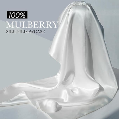 100% Mulberry Silk Pillowcase for Hair and Skin, 22 Momme Pure Natural Silk Pillow Case Both Sided with Zipper, Pillow Cover for Women Mom Men (White, King 20''×36'', 1 Pack)
