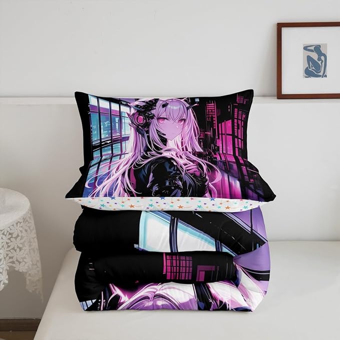Erosebridal Japanese Anime Bedding Set Toddler Size, Anime Girl Comforter Set Kawaii Japanese Style Duvet Insert Cartoon Japan Animation Quilt for Boys Teens Adult Women Bedroom Decor