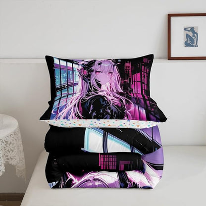 Erosebridal Japanese Anime Bedding Set Queen Size, Anime Girl Comforter Set Kawaii Japanese Style Duvet Insert Cartoon Japan Animation Quilt for Boys Teens Adult Women Bedroom Decor
