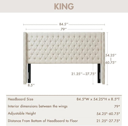Madison Park Amelia Upholstered Headboard | Nail Head Trim Wingback Button Tufted | King, Cream