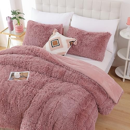 Smoofy Fluffy King Size Comforter Set, Old Pink Faux Fur Comforter Set 3Pcs