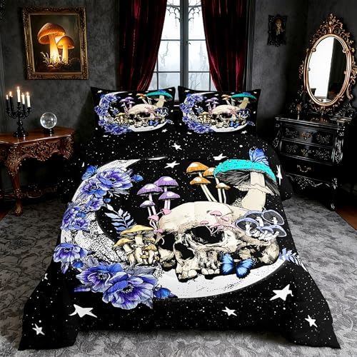 Star Moon Comforter Set Full Size Mushroom Sugar Skull Bedding Set 3pcs for Kids Girls Boys Youth Bedroom Decor Exotic Plants Quilted Duvet Purple Flower Butterfly Duvet Insert,2 Pillowcases