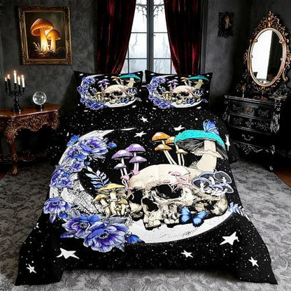 Star Moon Comforter Set Full Size Mushroom Sugar Skull Bedding Set 3pcs for Kids Girls Boys Youth Bedroom Decor Exotic Plants Quilted Duvet Purple Flower Butterfly Duvet Insert,2 Pillowcases