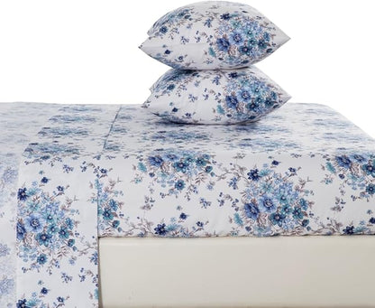 DAUAOTO Twin XL Cotton Sheets Set Printed Bedding Sets, Up to 14" Deep Mattress, Floral Pattern Bedlinen for Twin Extra Long Bed, French Blue