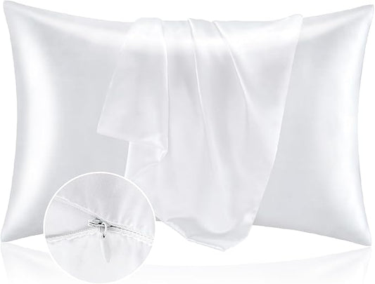 BEDELITE Satin Pillowcase with Zipper, White King Size Pillow Cases Set of 2, Super Soft and Cooling Similar to Silk Pillow Cases, Gift for Women Men(20x40 Inches)