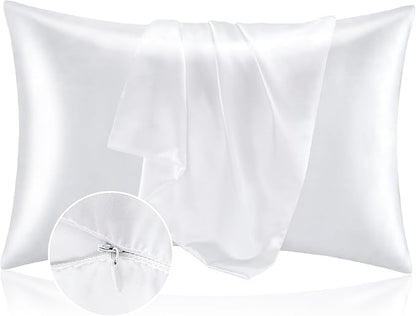 BEDELITE Satin Pillowcase with Zipper 2 Pack, White Pillow Cases Standard Size, Super Soft and Cooling Similar to Silk Pillow Cases, Gift for Women Men(20x26 Inches)