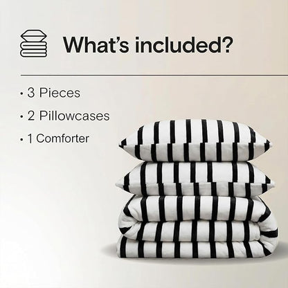 Bedbay Striped Comforter Set Fluffy Fleece King Size Comforter Set Black White Striped Bedding 3 Pcs Ultra Soft Plush Flannel Velvet Fuzzy Bedding Set Stripes Pattern Queen Bed Set for All Seasons