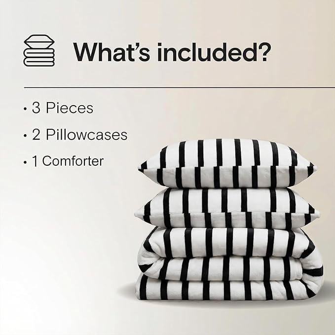 Bedbay Striped Comforter Set Fluffy Fleece Queen Comforter Set Black White Striped Bedding 3 Pcs Ultra Soft Plush Flannel Velvet Fuzzy Bedding Set Stripes Pattern Queen Bed Set for All Seasons