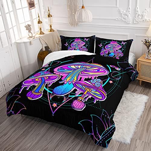 HOSIMA Mushroom Bedding Comforter Sets, Forest Fungi Plant Theme Cartoon Butterfly Mushroom Decor Toddler Comforter Set,Magic Hexagram Black Twin Comforter Set with 2 Pillowcases.