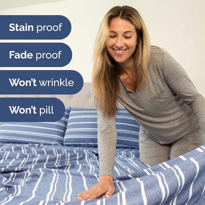 Full XL Bed Sheet - 4 Piece Full XL Bed Sheets Set - Soft, Breathable & Cooling - Hotel Luxury Bedding for Women, Men, Kids, Teens, Boys & Girls - Deep Pockets, Fade and Wrinkle Free - Blue Stripes